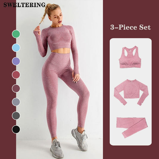 Women Seamless Fitness Yoga Suit 3pcs Gym Clothing Long Sleeve Top Bra High Waist Running Legging Workout Wear Pants Sports set