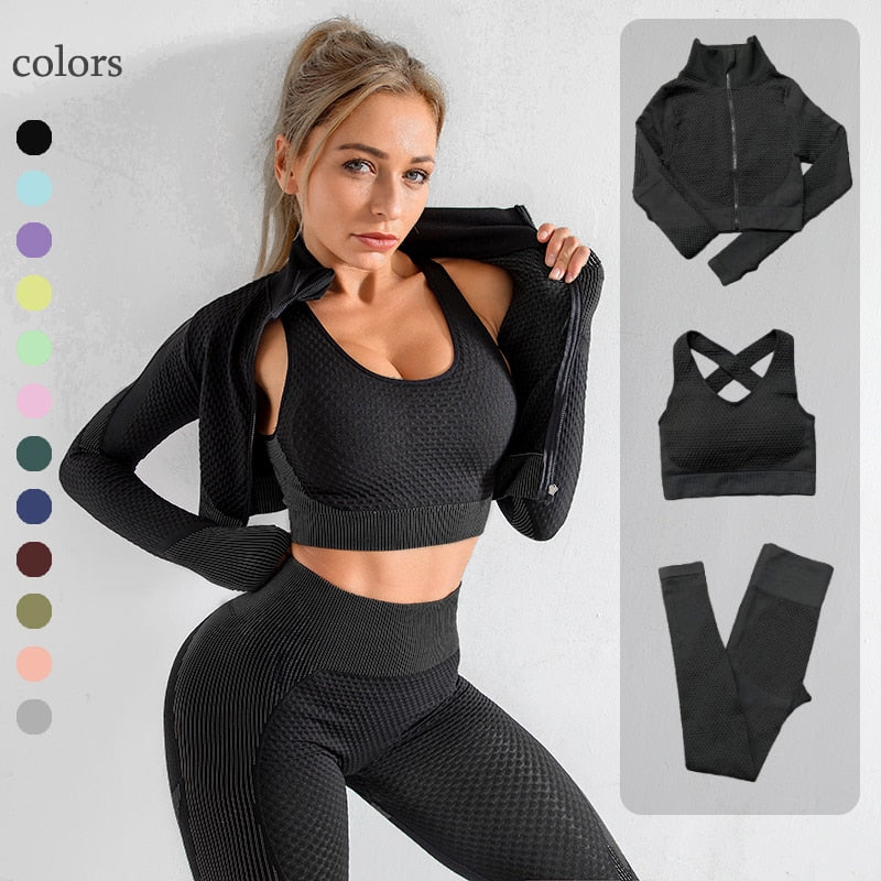 2/3PCS Seamless Women Yoga Set Workout Sportswear Gym Clothing Fitness Long Sleeve Crop Top High Waist Leggings Sports Suits